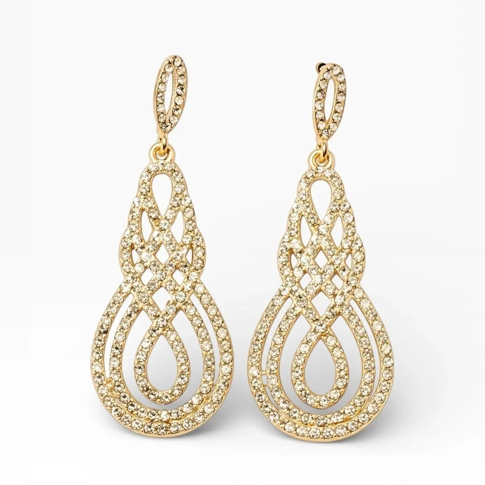 David Tutera Juliana Bridal Earrings in Gold with Pave Set Scroll Design - Picture 2 of 3